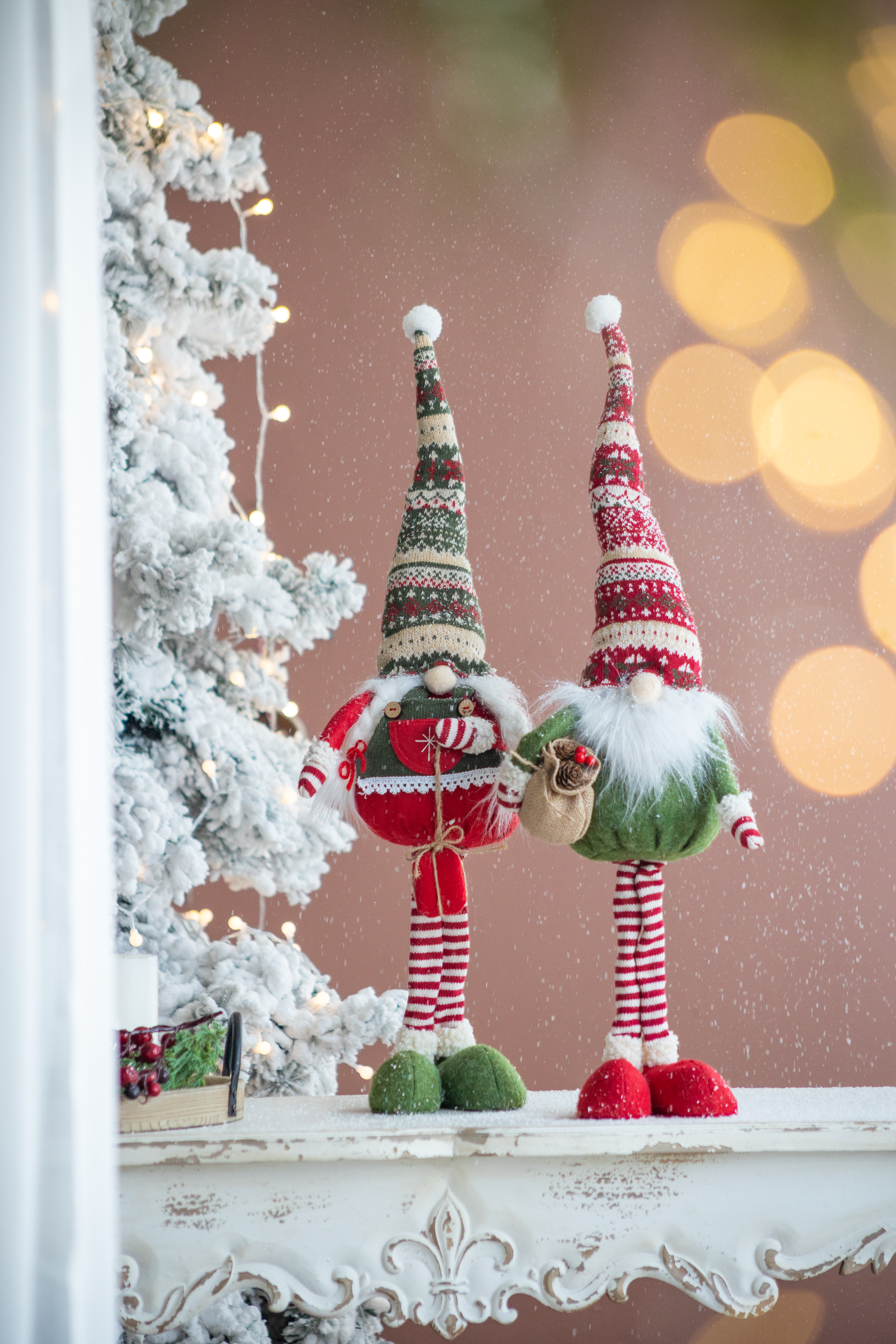 S/2 8.7x5.5x29.5"H Fabric Standing Holiday Gnomes,W/Knit Hats