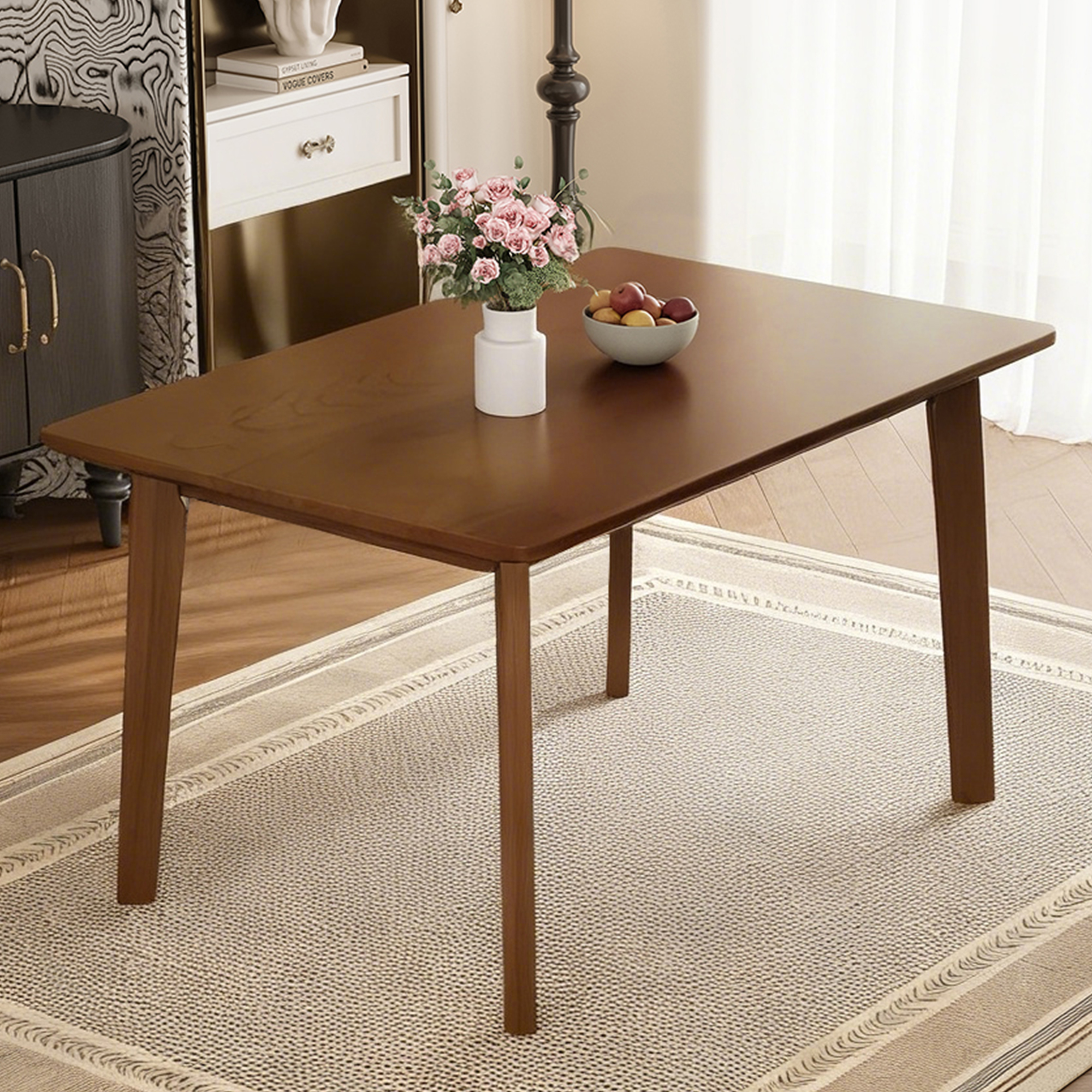 Rustic Farmhouse Dining Table - Solid Wood Frame, Minimalist Modern Dining Table for Kitchen, Dining Room, Living Room, Walnut